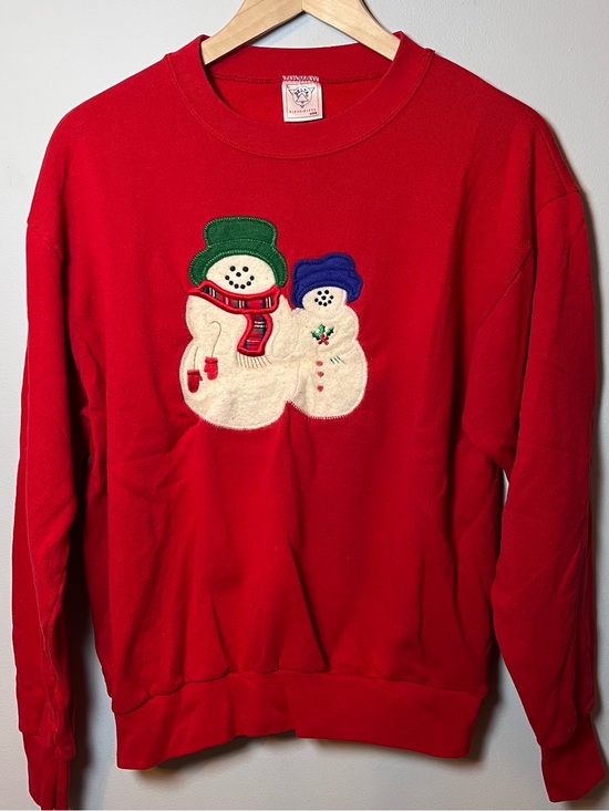 Delta Tops - Vintage Snowman Crewneck Women’s L Red Christmas Fleece Pullover Delta Made USA
